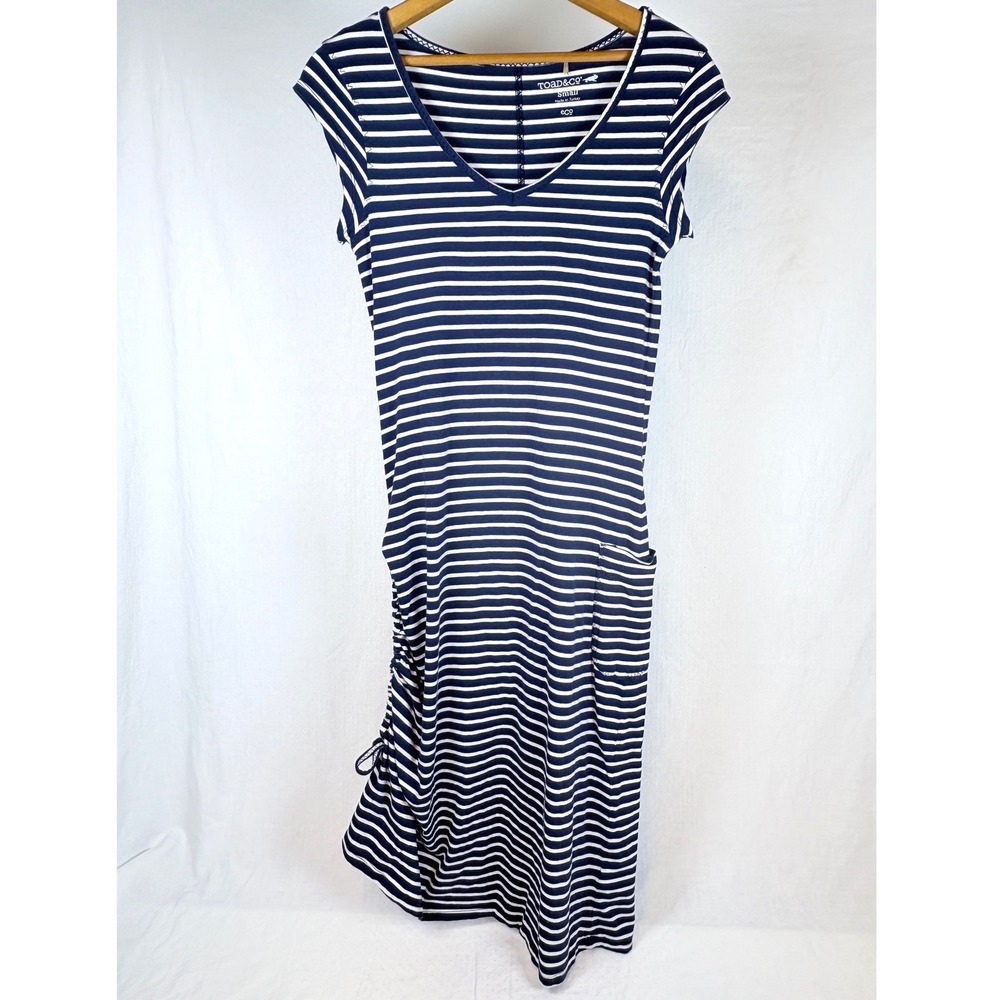 Toad&Co Navy White Striped Organic Cotton Modal Ruched Side Pocket Dress Small